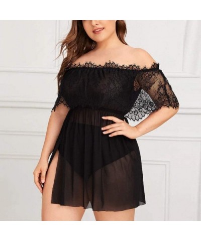 Babydoll Dress for Women Sexy Plus Size Lace Sheer Mesh Black Lingerie Off Shoulder Nightdress - Black - CY1965KLMLN $20.18 B...