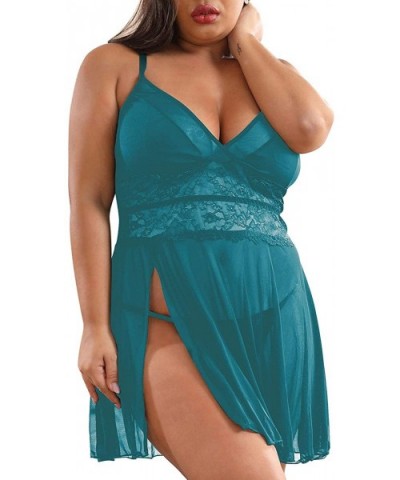 Women's Plus Size Lingerie Babydoll Front Slit Lace Mesh Chemise Sleepwear - Peacock Blue - CE18AI0EXLO $29.16 Baby Dolls & C...