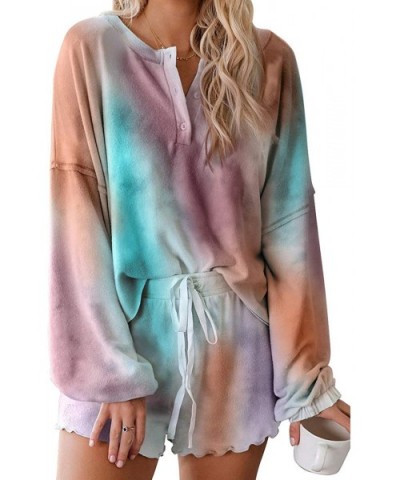 Women Tie Dye Printed Pajamas Set Long Sleeve Tops and Shorts PJ Set Loungewear Sleepwear Nightwear Multicoloured - C61983RMM...