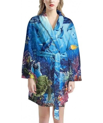 Women Bathrobe Short Kimono Robe Knee Length Soft Sleepwear with Front Pockets - Whale Ocean - CZ1976UT7GI $76.42 Robes