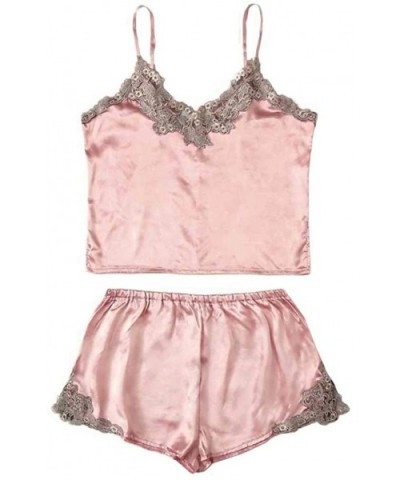 Pajamas Set- Women Satin Embroidery Lace Silk Camisole Shorts Set Sleepwear Pajamas Lingerie - Pink - C518XUDDIG4 $18.45 Slips