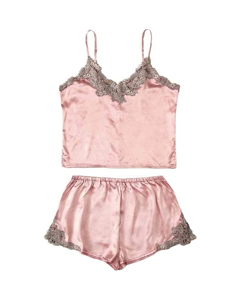 Pajamas Set- Women Satin Embroidery Lace Silk Camisole Shorts Set Sleepwear Pajamas Lingerie - Pink - C518XUDDIG4 $18.45 Slips