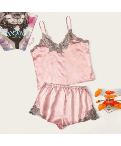 Pajamas Set- Women Satin Embroidery Lace Silk Camisole Shorts Set Sleepwear Pajamas Lingerie - Pink - C518XUDDIG4 $18.45 Slips