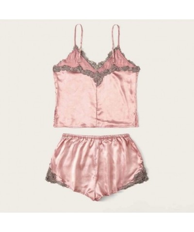 Pajamas Set- Women Satin Embroidery Lace Silk Camisole Shorts Set Sleepwear Pajamas Lingerie - Pink - C518XUDDIG4 $18.45 Slips