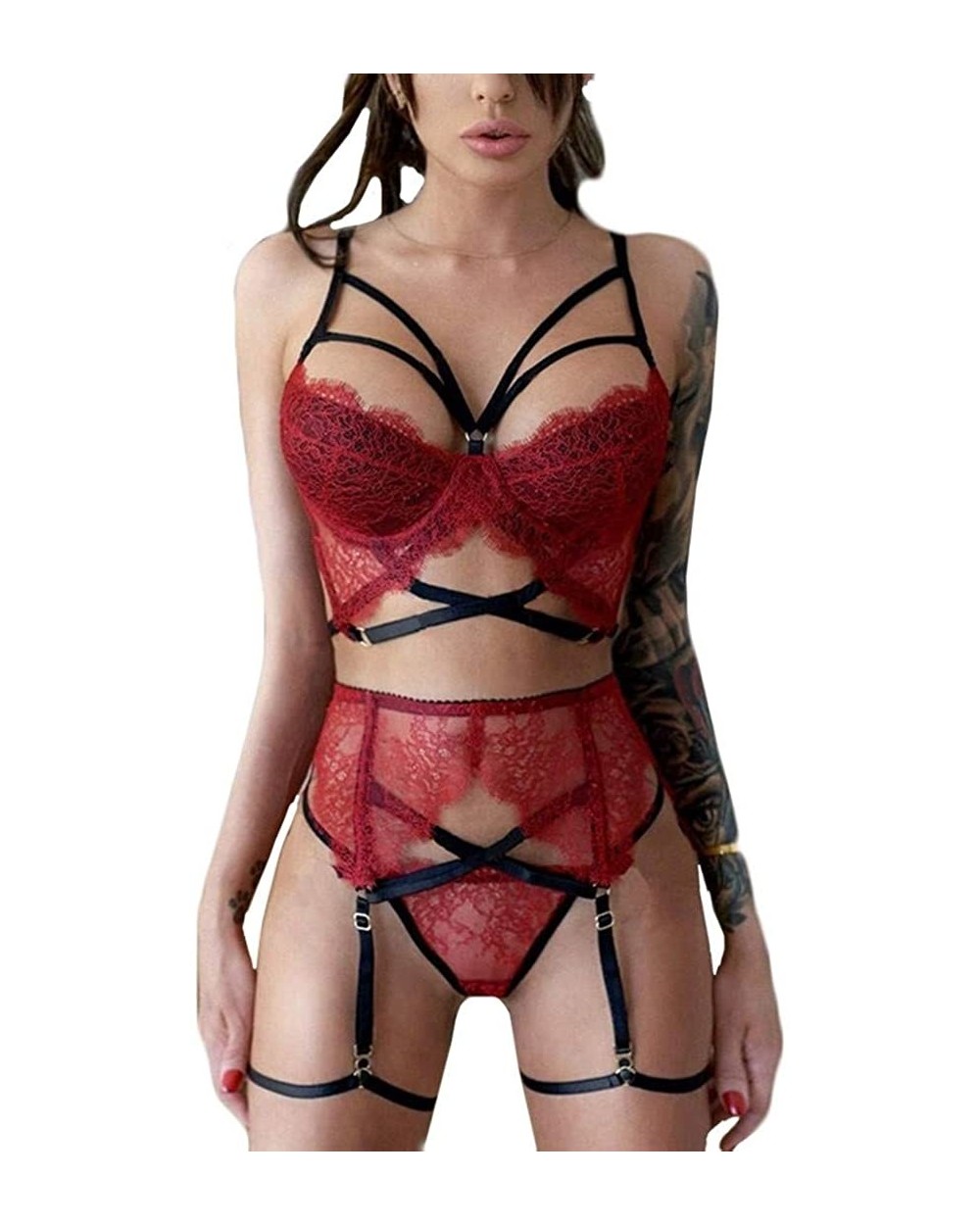 3Pcs Appeal Lingerie for Women Lace Sexy Lingerie Straps Bra and Panty Garter Set Underwear Babydoll - Red-b - CL1925D7X7G $2...