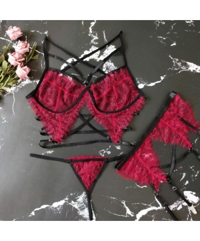 3Pcs Appeal Lingerie for Women Lace Sexy Lingerie Straps Bra and Panty Garter Set Underwear Babydoll - Red-b - CL1925D7X7G $2...