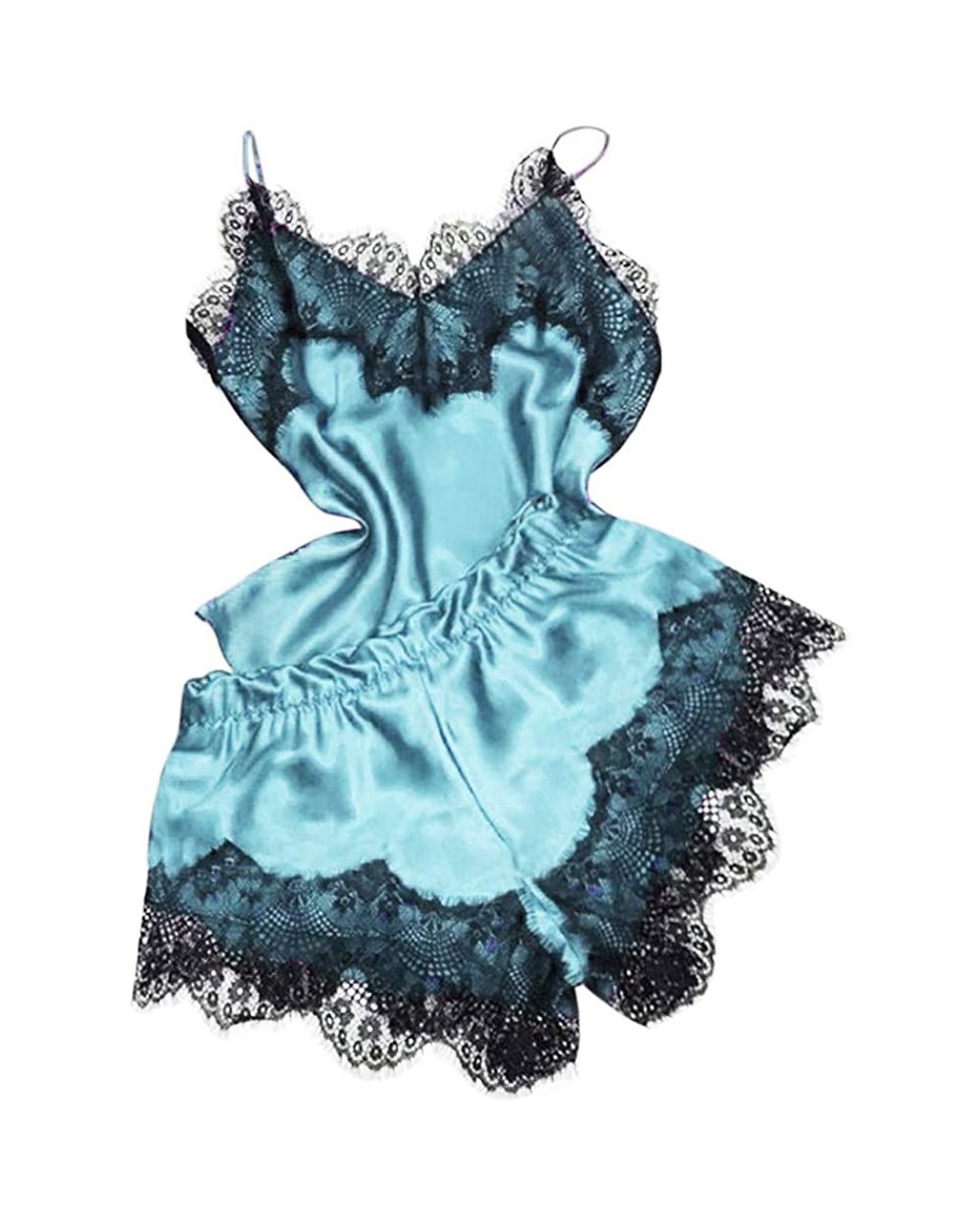 Women Sexy Lace Sleepwear-Lingerie Temptation Babydoll Nightdress Loose Camisole and Shorts - Sky Blue - C818SASHU20 $12.75 N...