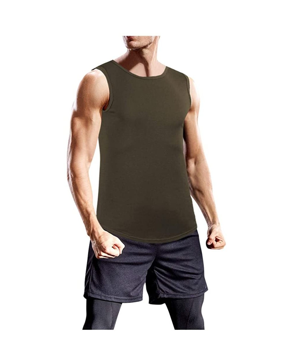 Workout Tank Tops-Men Summer Gym Muscle Bodybuilding Sports Vest Casual Dry Fit Solid Color Crewneck T-Shirts - Army Green - ...