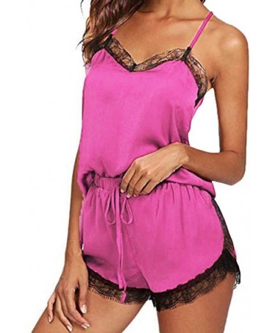 Women's Pajama Set- Women Sleepwear Sleeveless Strap Nightwear Lace Trim Satin Cami Top Pajama Sets Lingerie Daorokanduhp - H...