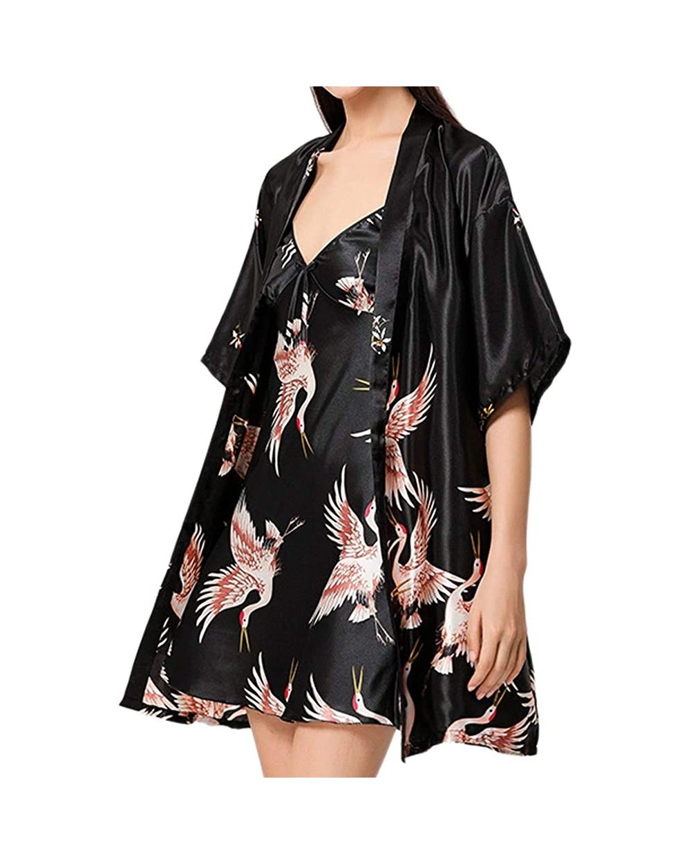 Women's 2 Pieces Short Sexy Satin Kimono Wedding Party Sleepwear Set - Black - C2198XZ4XA9 $36.02 Sets