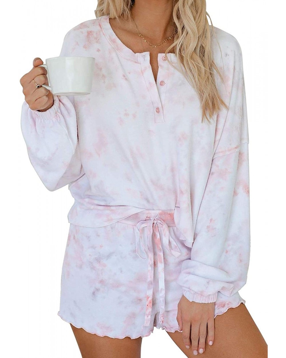 Womens Soft Pajamas Set Long Sleeve Tops and Shorts Tie Dye Printed Ruffle PJ Set Loungewear Nightwear Sleepwear - A0_pink - ...