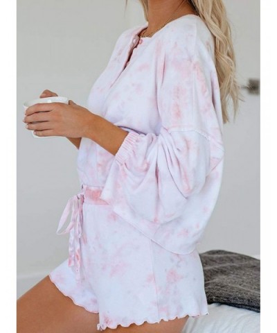 Womens Soft Pajamas Set Long Sleeve Tops and Shorts Tie Dye Printed Ruffle PJ Set Loungewear Nightwear Sleepwear - A0_pink - ...