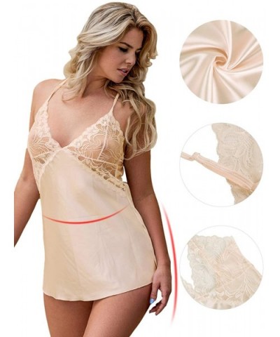 Women Stain Lace Chemise Nightgown Lace Babydoll Lingerie V Neck Sleepwear - Beige - C718Y02QKRY $22.57 Baby Dolls & Chemises