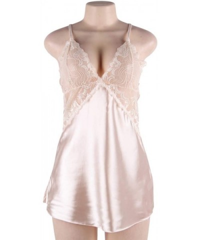 Women Stain Lace Chemise Nightgown Lace Babydoll Lingerie V Neck Sleepwear - Beige - C718Y02QKRY $22.57 Baby Dolls & Chemises