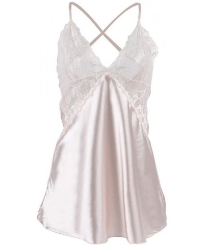 Women Stain Lace Chemise Nightgown Lace Babydoll Lingerie V Neck Sleepwear - Beige - C718Y02QKRY $22.57 Baby Dolls & Chemises