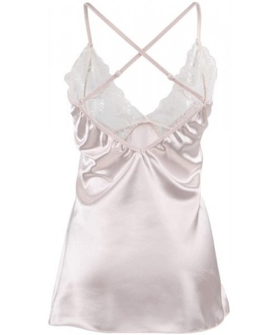 Women Stain Lace Chemise Nightgown Lace Babydoll Lingerie V Neck Sleepwear - Beige - C718Y02QKRY $22.57 Baby Dolls & Chemises