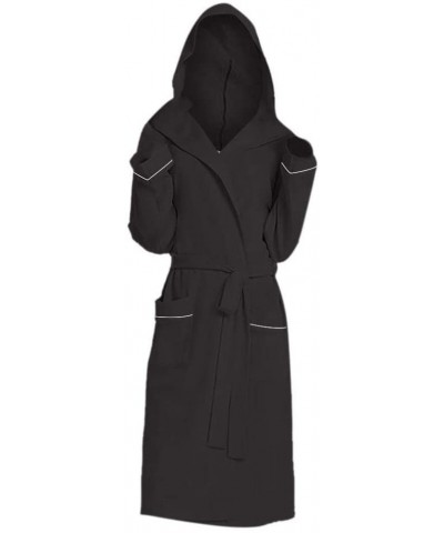 Women Fall Winter Solid Color Cotton Pajamas Nightgown Lingerie Bathrobe with Belt Robes Bathrobe Shower Sleepwear (Black- Si...