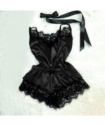 Women Sexy 2Pcs Pajamas Set Satin Silk Sleepwear Lace Trim V Neck Lingerie Shorts Homewear - G-black - CF194TS46C3 $13.87 The...