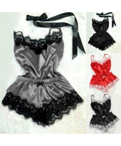 Women Sexy 2Pcs Pajamas Set Satin Silk Sleepwear Lace Trim V Neck Lingerie Shorts Homewear - G-black - CF194TS46C3 $13.87 The...