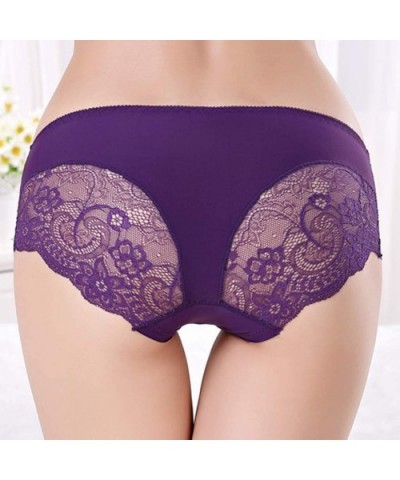 Women Sexy Pure Cotton Knickers Transparent LCE-Silk Seamless Lady's Underpants - Purple - CY18X66HHDI $13.53 Slips