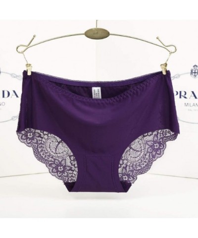 Women Sexy Pure Cotton Knickers Transparent LCE-Silk Seamless Lady's Underpants - Purple - CY18X66HHDI $13.53 Slips