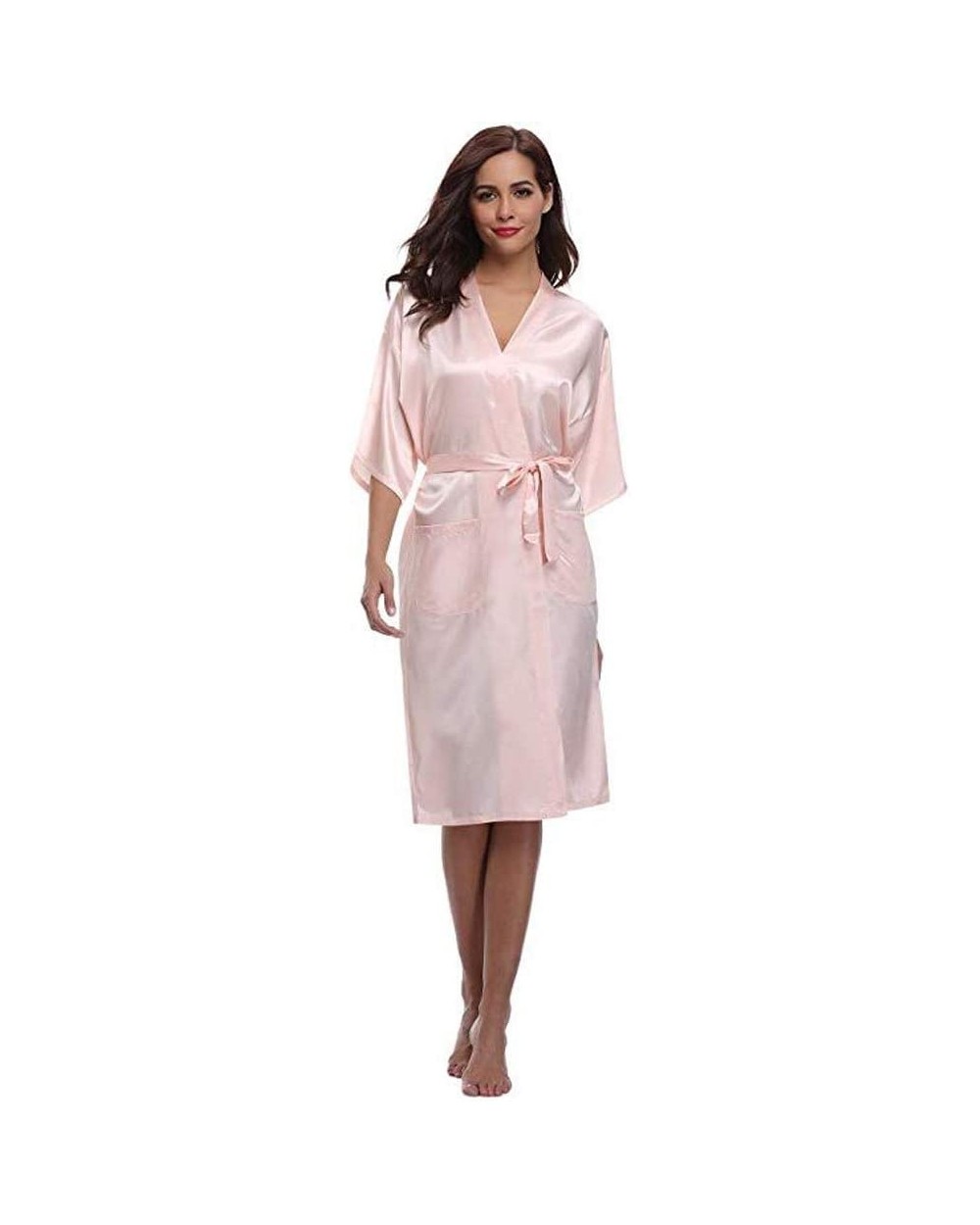 Womens Dressing Gown Women Silk Satin Long Wedding Bride Bridesmaid Robe Kimono Bath Robe Large Size Pink S Pink - CM194RGA4A...