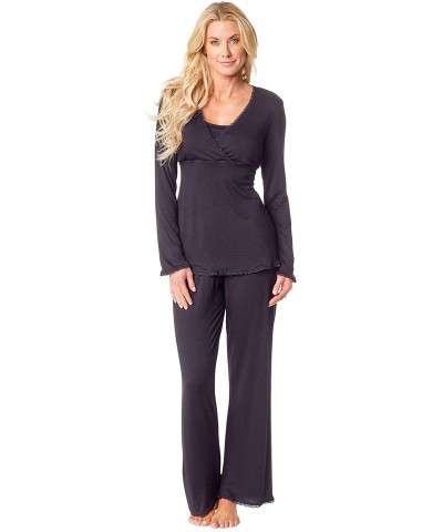 Margo PJ - Women's Long Sleeve v-Neck Maternity Pajama Set with Nursing Access for Breastfeeding - Made in The USA - Black - ...