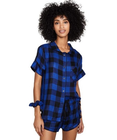 Women's Plaid Short PJ Set with Scrunchie - Cobalt/Black - CX18S728D2R $64.90 Sets