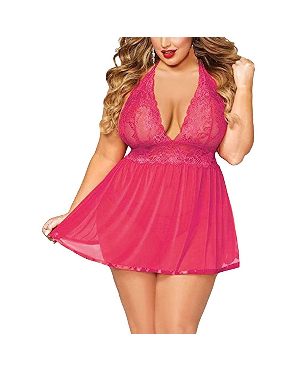 Womens Plus Size Lingerie Nightgown Babydoll Sexy V Neck Nightwear Lace Chemise Mini Teddy Open Back Sleepwear Set - Hot Pink...