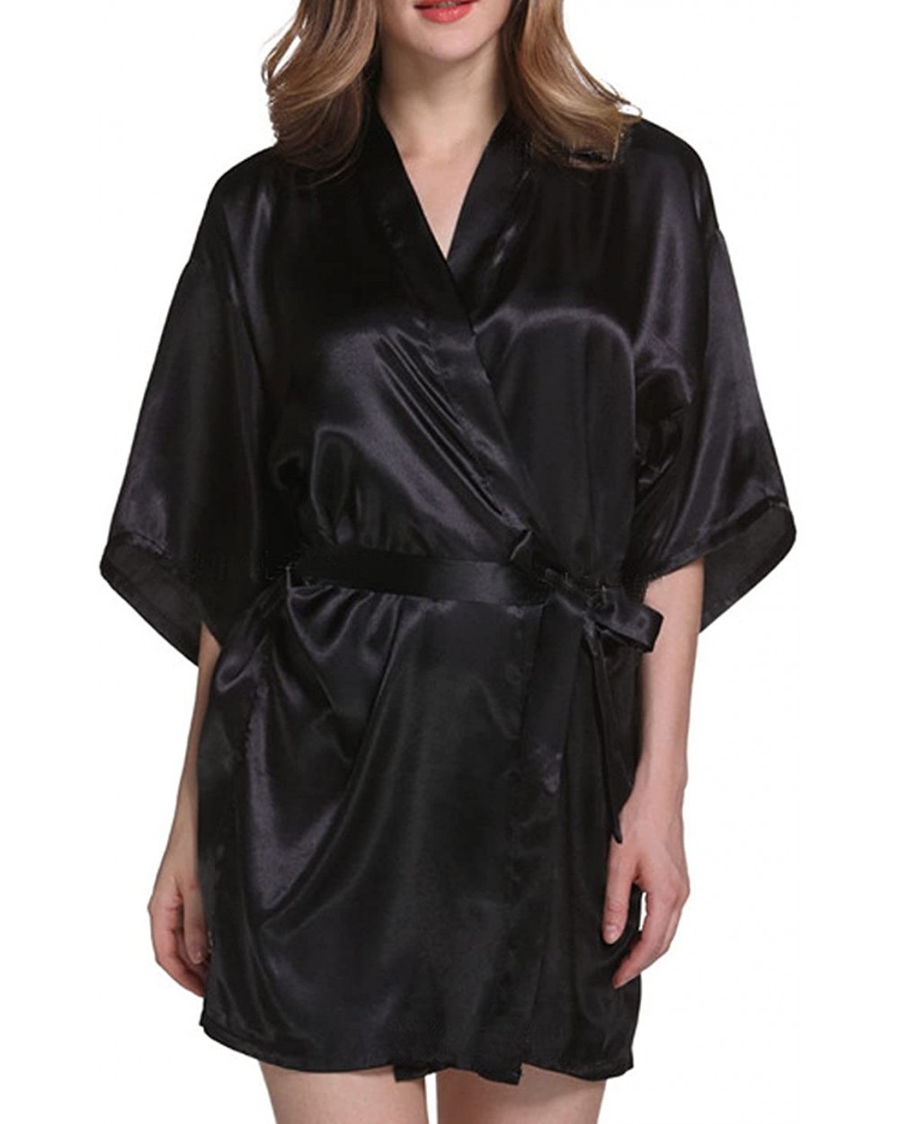 Women's Kimono Robes Satin Pure Colour Short Style with Oblique V-Neck - Black - CJ17YYH45L8 $50.36 Robes