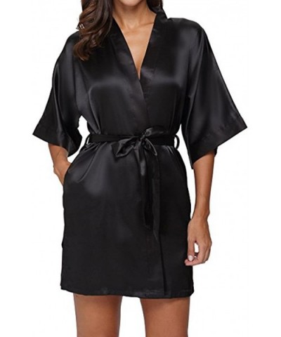 Women's Kimono Robes Satin Pure Colour Short Style with Oblique V-Neck - Black - CJ17YYH45L8 $50.36 Robes