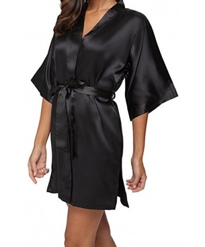 Women's Kimono Robes Satin Pure Colour Short Style with Oblique V-Neck - Black - CJ17YYH45L8 $50.36 Robes