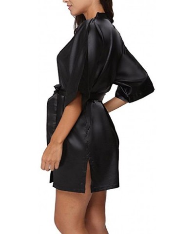 Women's Kimono Robes Satin Pure Colour Short Style with Oblique V-Neck - Black - CJ17YYH45L8 $50.36 Robes