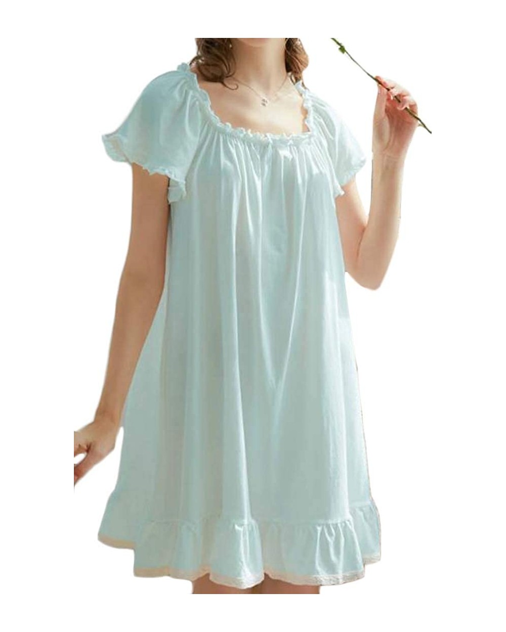 Women Ruffle Plus Size Baggy Straight Dress Lounge Homewear Cute Short Sleeve Sleepwear Nightgowns - Light Blue - CE19DHSUALC...