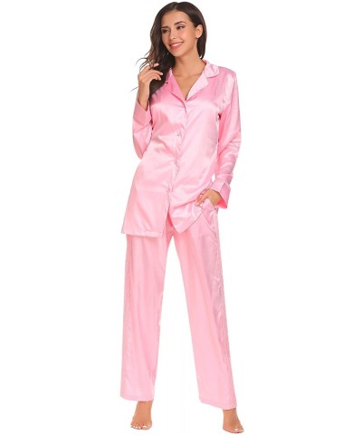 Women's Satin Sleepwear Lace Long Sleeve Loungewear Two Piece Pajama Set Pink - CC1888HKL5N $62.79 Sets