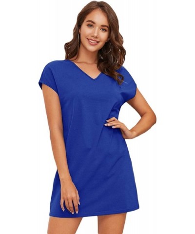 Women's Round Neck Short Sleeve Striped Leopard Print T-Shirt Dress - Blue - CS19DC0H7MC $30.86 Nightgowns & Sleepshirts