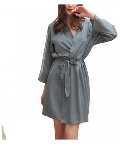 Women's Short Kimono Robes Silky Lace Loungewear Satin Solid Wedding Soft Nightwear - Grey - CV18W6TG0IK $39.08 Robes
