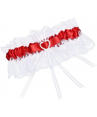 Bridal Lace Wedding Garter with Crystal Rhinestones Heart Satin Bow - Red - C117AZMQZRZ $23.47 Garters & Garter Belts