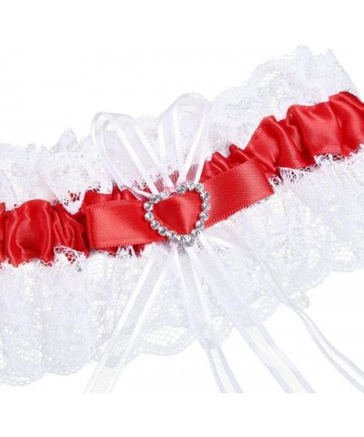 Bridal Lace Wedding Garter with Crystal Rhinestones Heart Satin Bow - Red - C117AZMQZRZ $23.47 Garters & Garter Belts