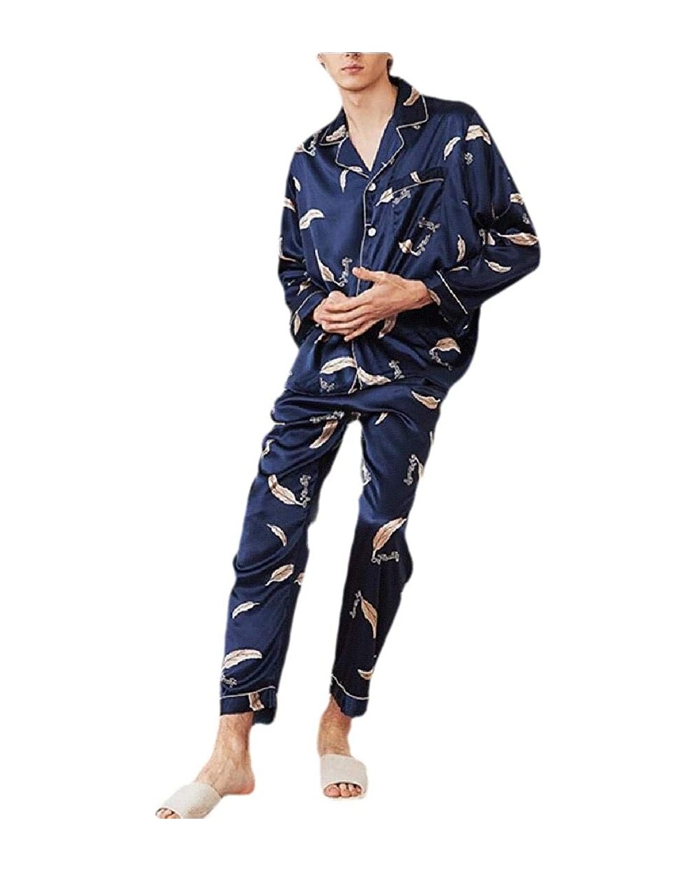 Men Sleepwear Silk Pajamas Set Long Sleeve Loungewear Suit Sets - 2 - C219922G072 $57.89 Sleep Sets