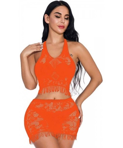 Plunge Neck Halter Tassels Crop Top Bra Belly Dance Dress Lingerie Set Babydoll - Orange - CS19243WGDH $13.14 Baby Dolls & Ch...