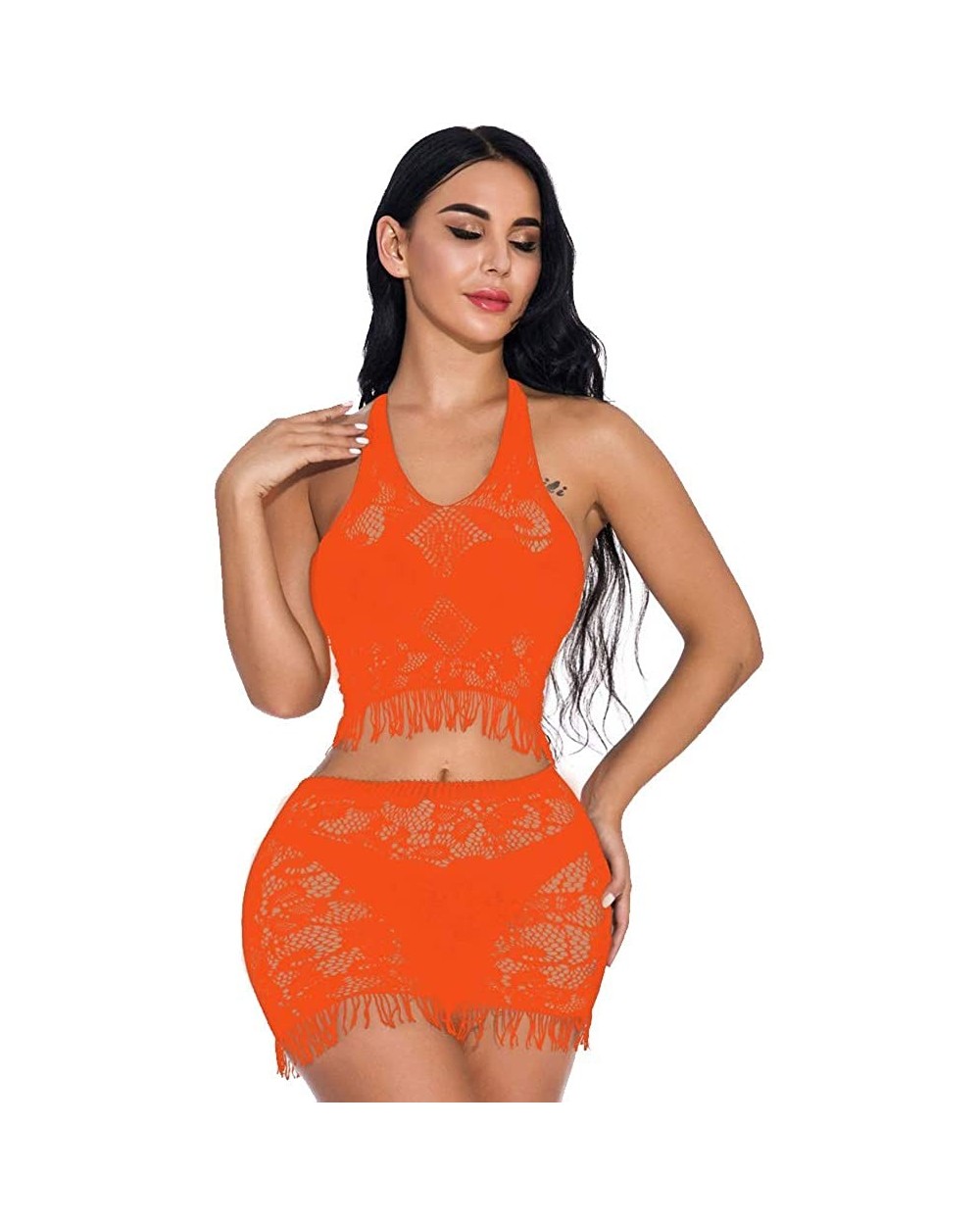 Plunge Neck Halter Tassels Crop Top Bra Belly Dance Dress Lingerie Set Babydoll - Orange - CS19243WGDH $13.14 Baby Dolls & Ch...