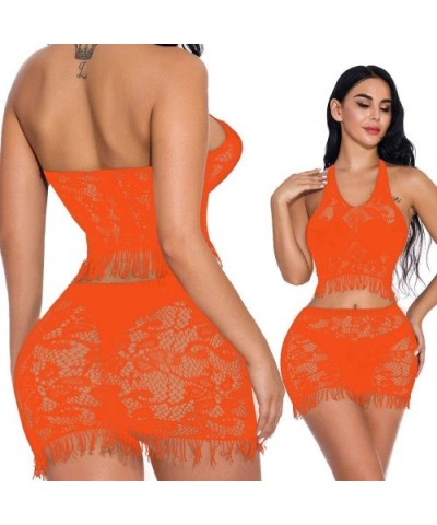 Plunge Neck Halter Tassels Crop Top Bra Belly Dance Dress Lingerie Set Babydoll - Orange - CS19243WGDH $13.14 Baby Dolls & Ch...