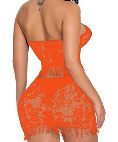 Plunge Neck Halter Tassels Crop Top Bra Belly Dance Dress Lingerie Set Babydoll - Orange - CS19243WGDH $13.14 Baby Dolls & Ch...