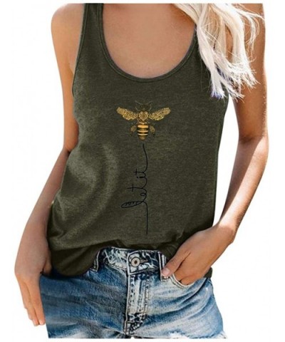 Women Plus Size Tank Tops Summer Bee Print Round Neck Sleeveless Casual T-Shirt - Army Green - CG1979RLKYD $15.92 Tops