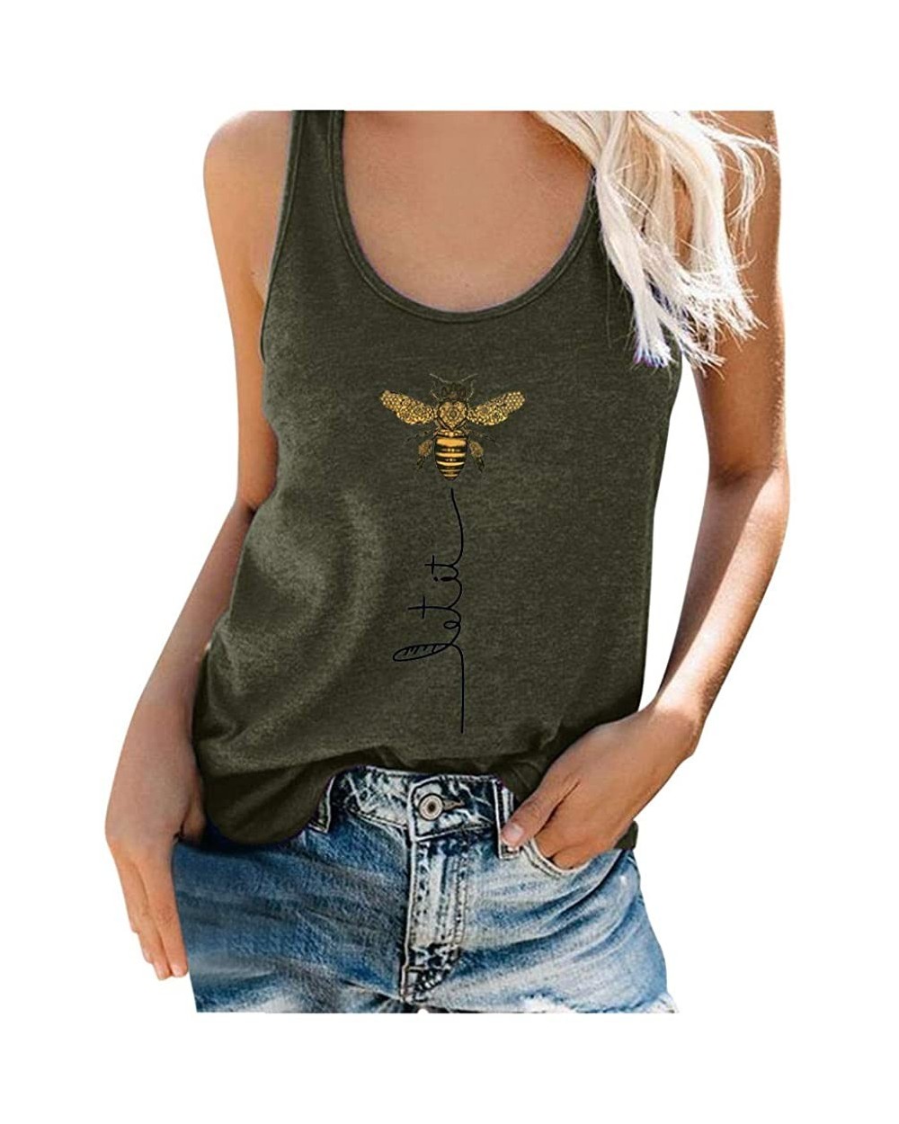 Women Plus Size Tank Tops Summer Bee Print Round Neck Sleeveless Casual T-Shirt - Army Green - CG1979RLKYD $15.92 Tops