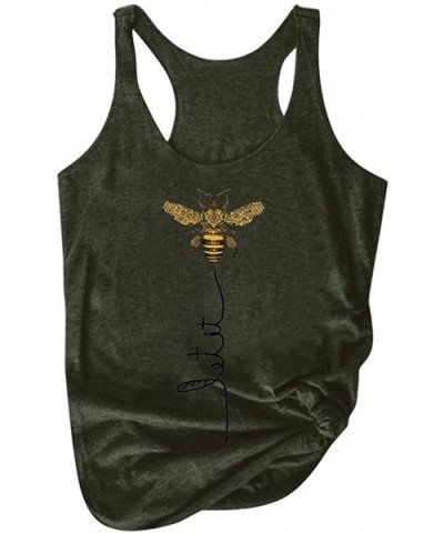 Women Plus Size Tank Tops Summer Bee Print Round Neck Sleeveless Casual T-Shirt - Army Green - CG1979RLKYD $15.92 Tops