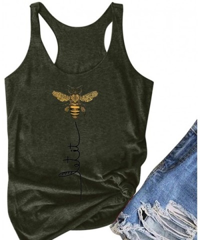 Women Plus Size Tank Tops Summer Bee Print Round Neck Sleeveless Casual T-Shirt - Army Green - CG1979RLKYD $15.92 Tops