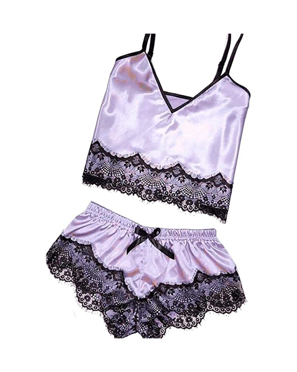 Sexy Satin Sling Sleepwear Eyelash Lace Bodysuit Lingerie Set Babydoll Chemise Silk V Neck Sleepwear Pajamas Purple - CH194EL...