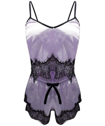 Sexy Satin Sling Sleepwear Eyelash Lace Bodysuit Lingerie Set Babydoll Chemise Silk V Neck Sleepwear Pajamas Purple - CH194EL...